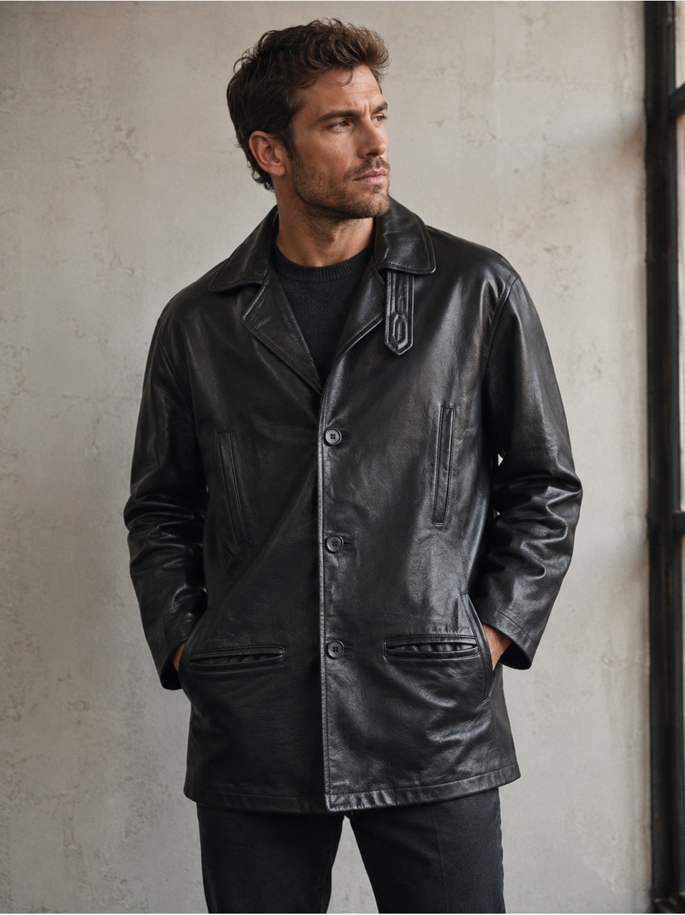 Petorucci Black Leather Men's Trench Coat size Large